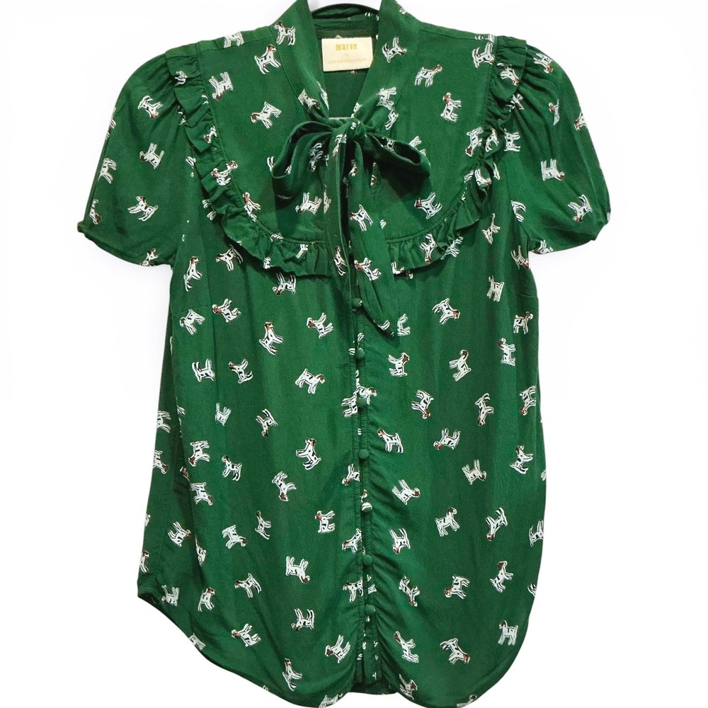 Anthropologie Adagio Dog Ruffle Blouse Green Short Sleeve XS Novelty Print - Picture 1 of 6